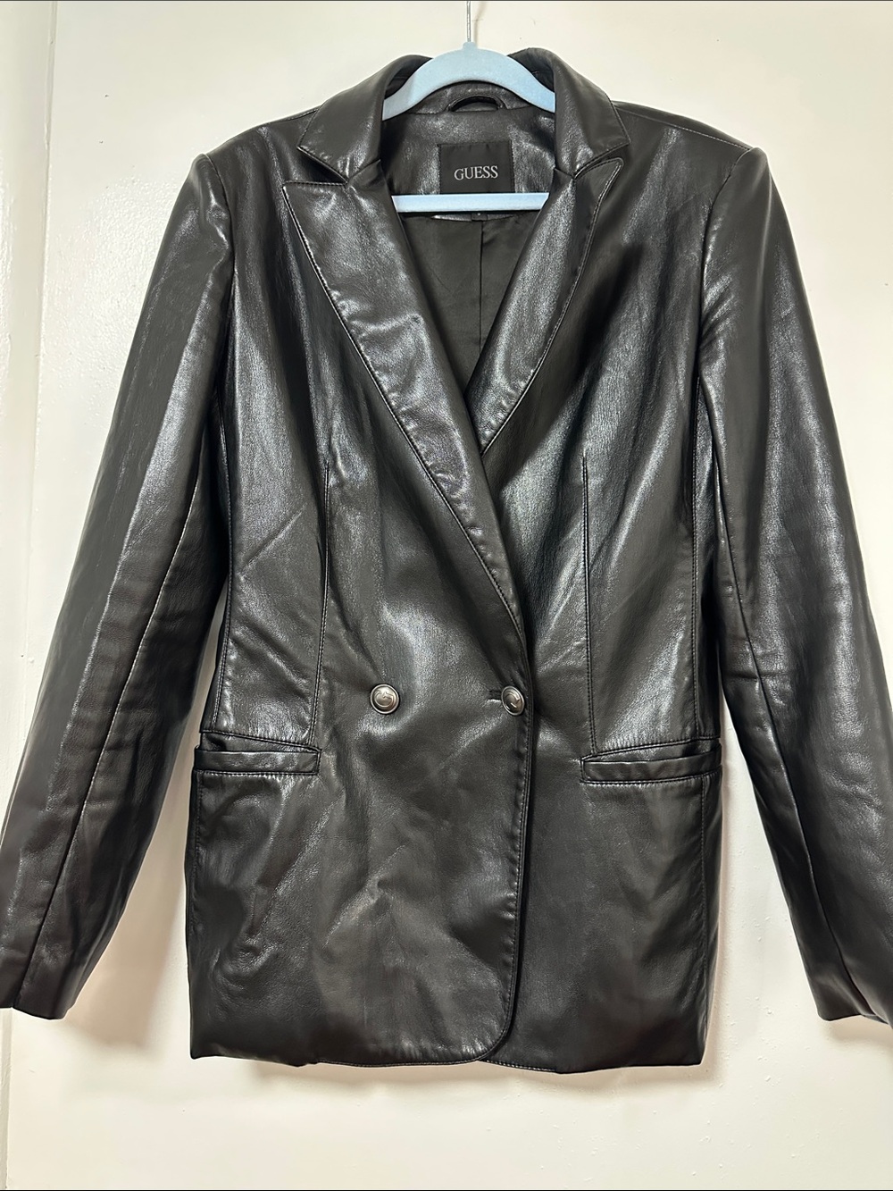 GUESS Black Faux Leather Double-Breasted Blazer Jacket